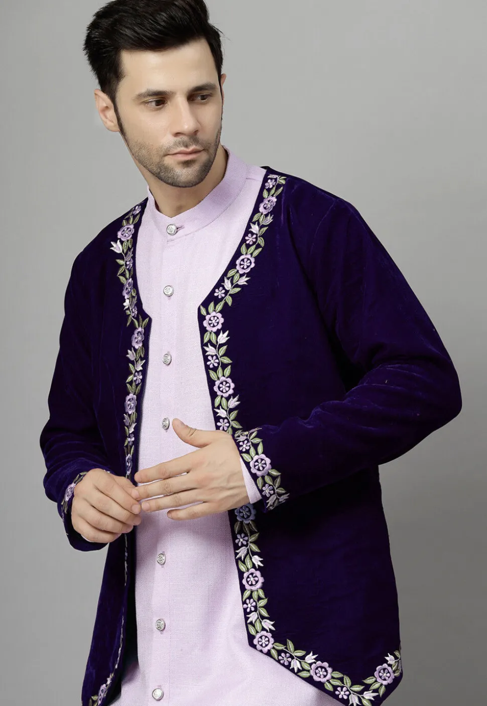 Embroidered Velvet Jodhpuri Suit in Dark Purple and Light Purple