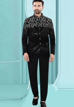 Embroidered Velvet Jodhpuri Jacket in Black