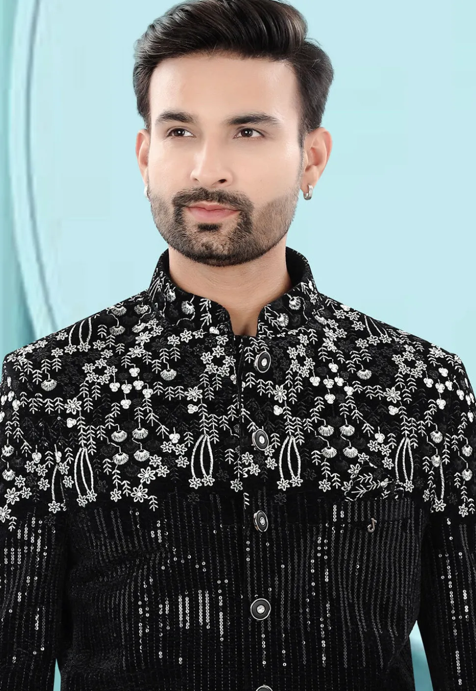 Embroidered Velvet Jodhpuri Jacket in Black
