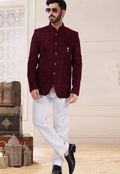 Embroidered Velvet Jodhpuri Suit in Wine