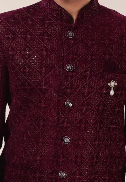 Embroidered Velvet Jodhpuri Suit in Wine