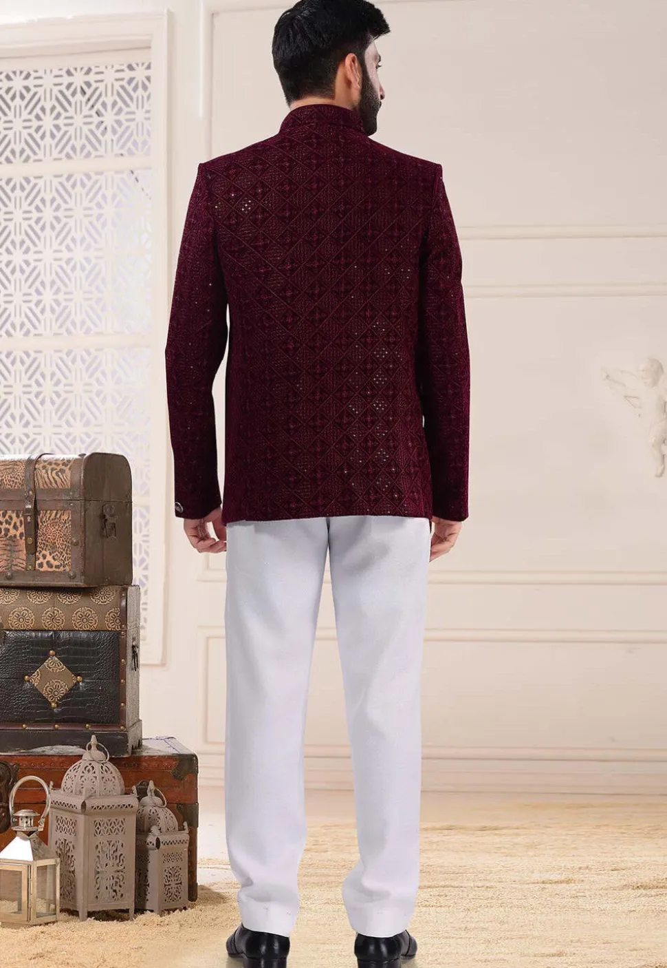 Embroidered Velvet Jodhpuri Suit in Wine