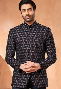 Embroidered Velvet Jodhpuri Jacket in Navy Blue