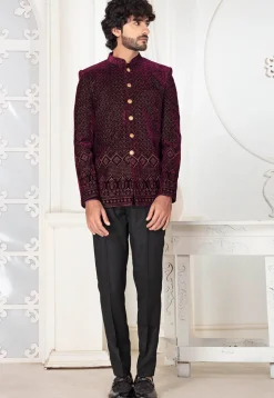 Embroidered Velvet Jodhpuri Suit in Wine