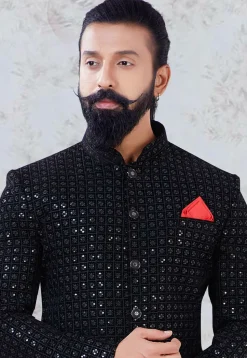 Embroidered Velvet Jodhpuri Suit in Black