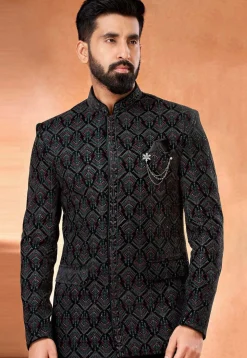 Embroidered Velvet Jodhpuri Jacket in Black