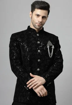 Embroidered Velvet Jodhpuri Jacket in Black