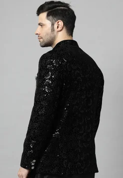 Embroidered Velvet Jodhpuri Jacket in Black