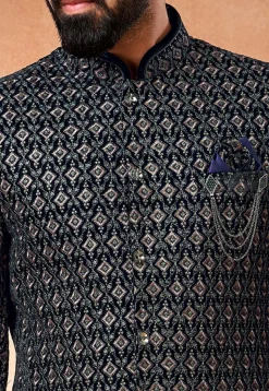 Embroidered Velvet Jodhpuri Jacket in Navy Blue