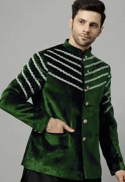 Embroidered Velvet Jodhpuri Jacket in Dark Green