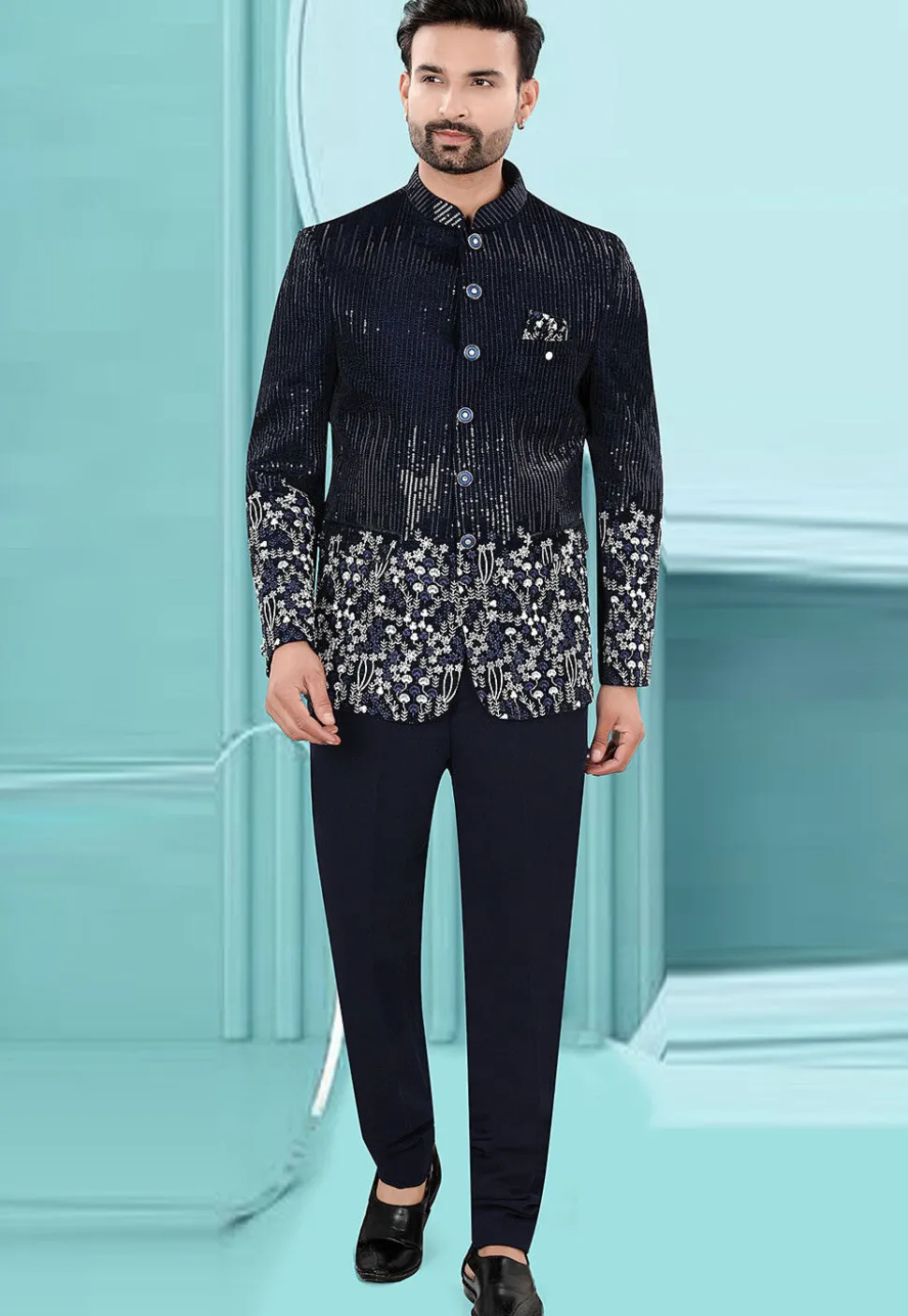 Embroidered Velvet Jodhpuri Jacket in Navy Blue