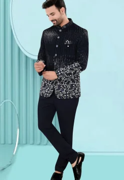 Embroidered Velvet Jodhpuri Jacket in Navy Blue