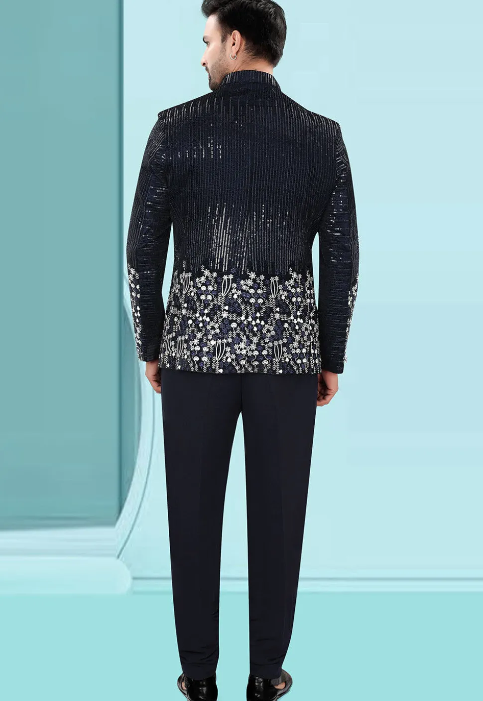 Embroidered Velvet Jodhpuri Jacket in Navy Blue