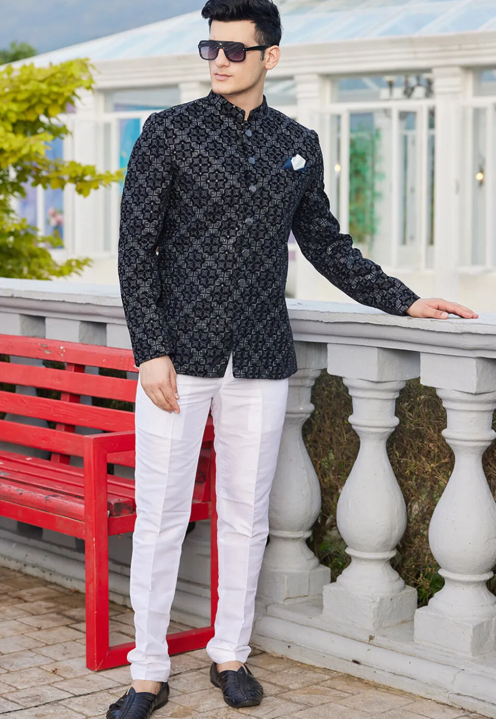 Embroidered Velvet Jodhpuri Suit in Navy Blue