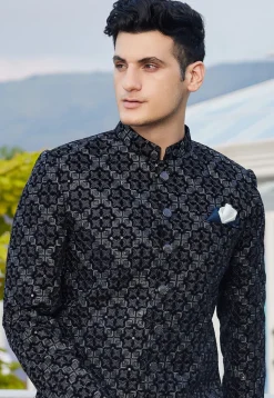 Embroidered Velvet Jodhpuri Suit in Navy Blue