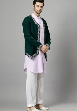Embroidered Velvet Jodhpuri Suit in Green and Light Purple