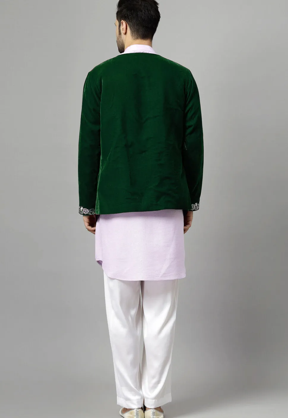 Embroidered Velvet Jodhpuri Suit in Green and Light Purple