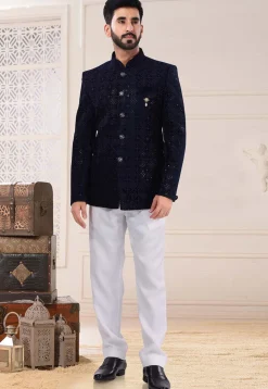 Embroidered Velvet Jodhpuri Suit in Navy Blue