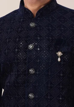 Embroidered Velvet Jodhpuri Suit in Navy Blue