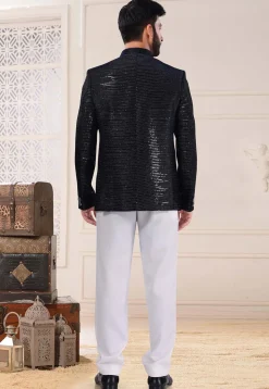 Embroidered Velvet Jodhpuri Suit in Navy Blue