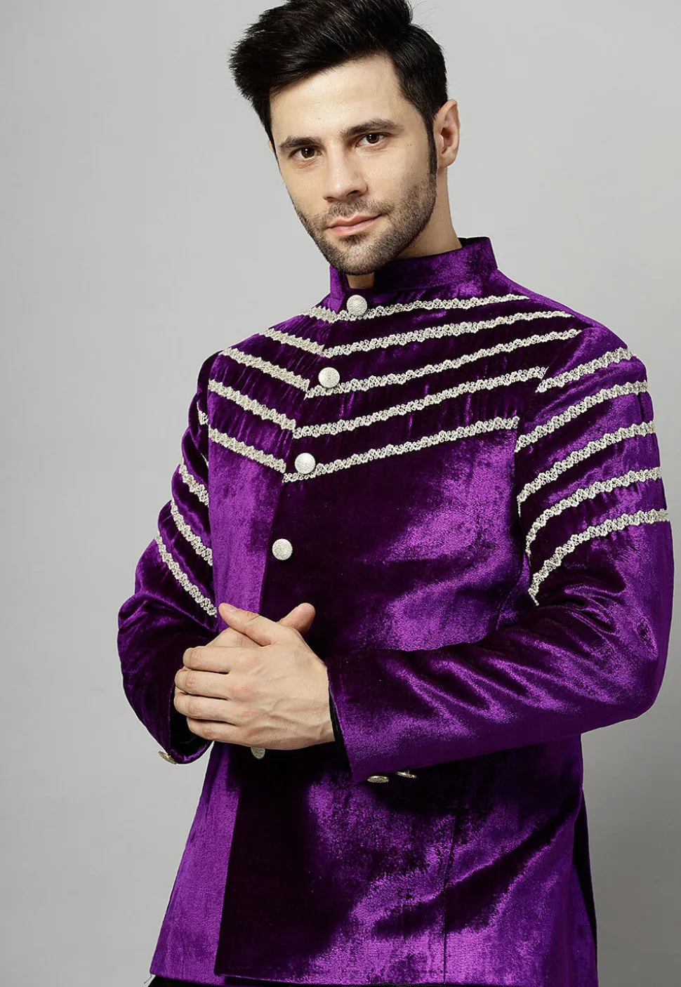 Embroidered Velvet Jodhpuri Jacket in Dark Violet