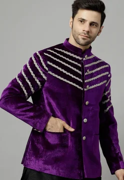 Embroidered Velvet Jodhpuri Jacket in Dark Violet