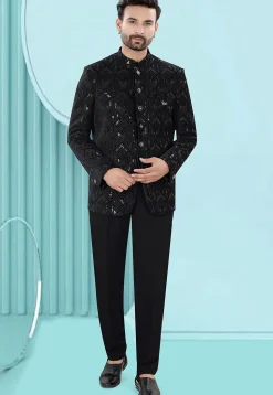 Embroidered Velvet Jodhpuri Suit in Black