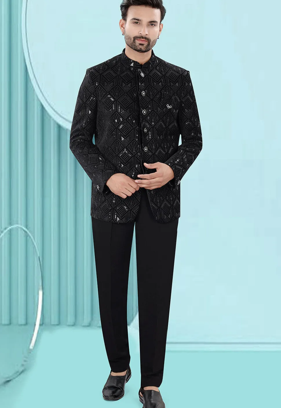 Embroidered Velvet Jodhpuri Suit in Black
