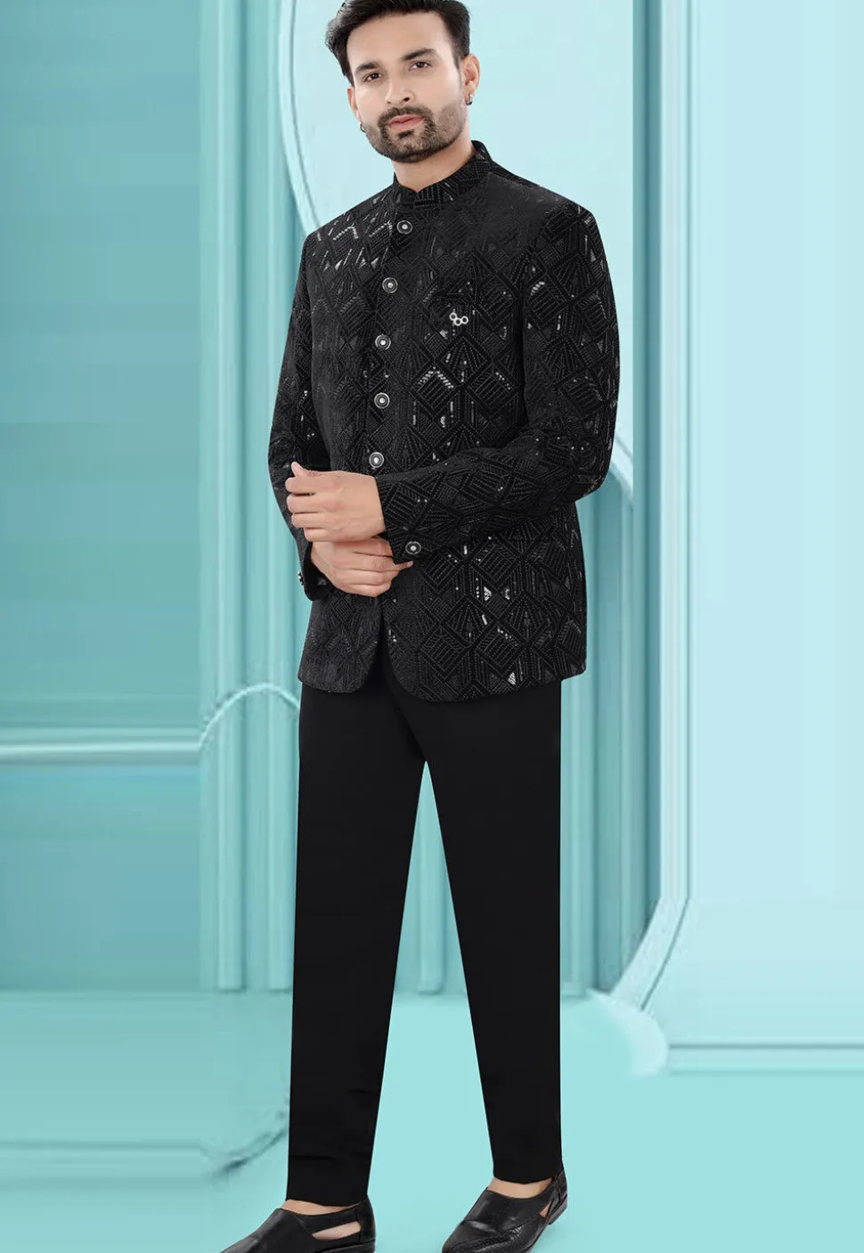 Embroidered Velvet Jodhpuri Suit in Black
