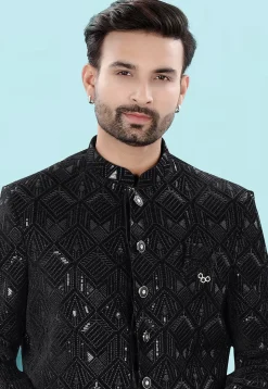 Embroidered Velvet Jodhpuri Suit in Black