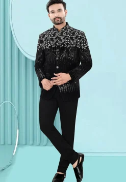 Embroidered Velvet Jodhpuri Suit in Black