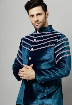 Embroidered Velvet Jodhpuri Jacket in Teal Blue