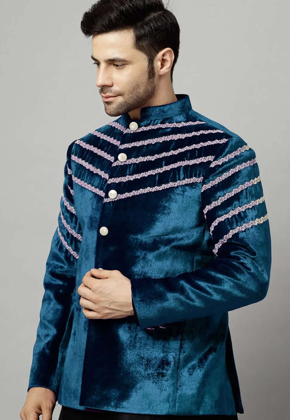Embroidered Velvet Jodhpuri Jacket in Teal Blue