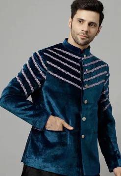 Embroidered Velvet Jodhpuri Jacket in Teal Blue