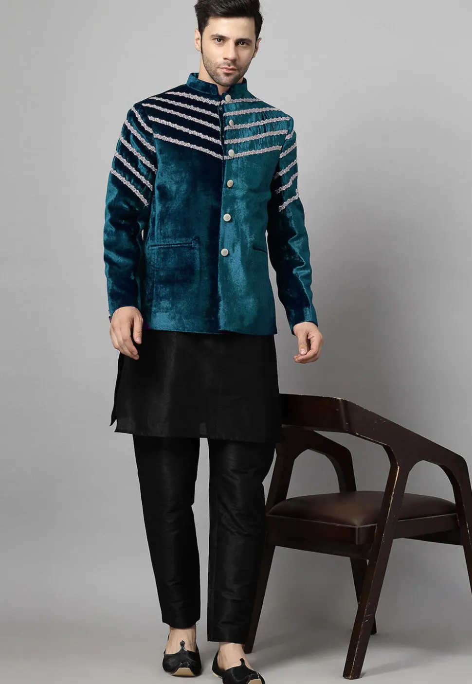 Embroidered Velvet Jodhpuri Jacket in Teal Blue