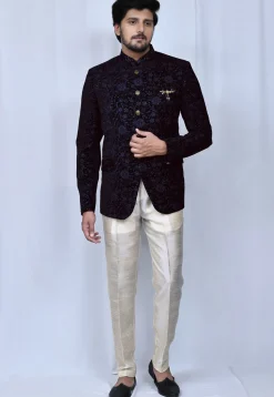 Embroidered Velvet Jodhpuri Set in Navy Blue