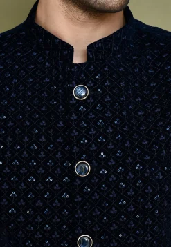 Embroidered Velvet Kurta Set in Navy Blue