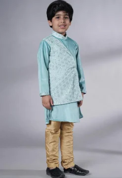 Embroidered Velvet Kurta Set in Sky Blue