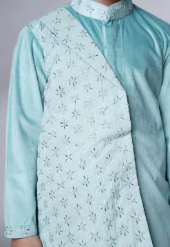 Embroidered Velvet Kurta Set in Sky Blue
