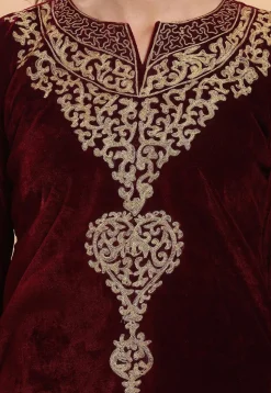 Embroidered Velvet Kurta Set in Maroon