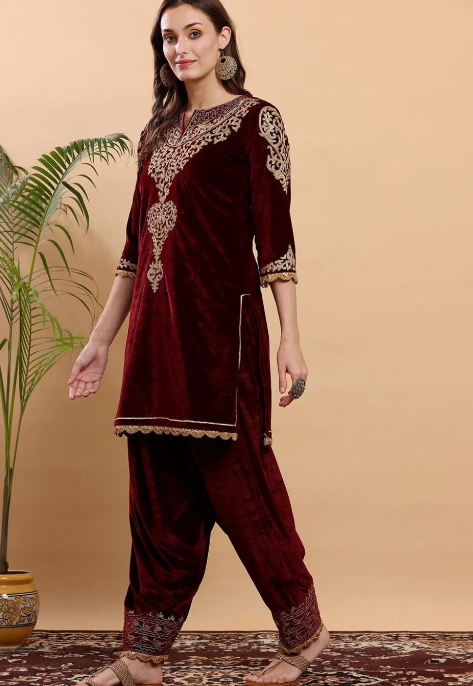 Embroidered Velvet Kurta Set in Maroon