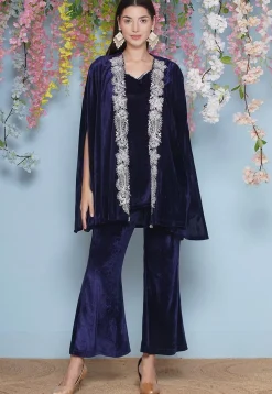 Embroidered Velvet Kurti Set in Navy Blue