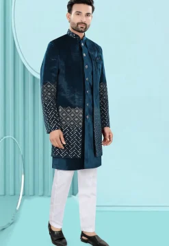 Embroidered Velvet Layered Sherwani in Teal Blue