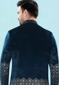 Embroidered Velvet Layered Sherwani in Teal Blue
