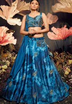 Embroidered Velvet Lehenga in Blue