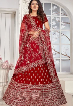 Embroidered Velvet Lehenga in Red