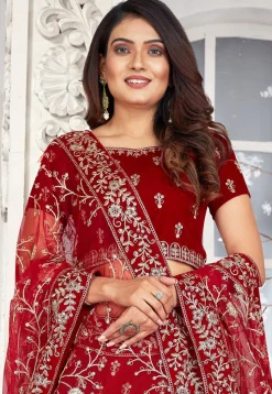 Embroidered Velvet Lehenga in Red