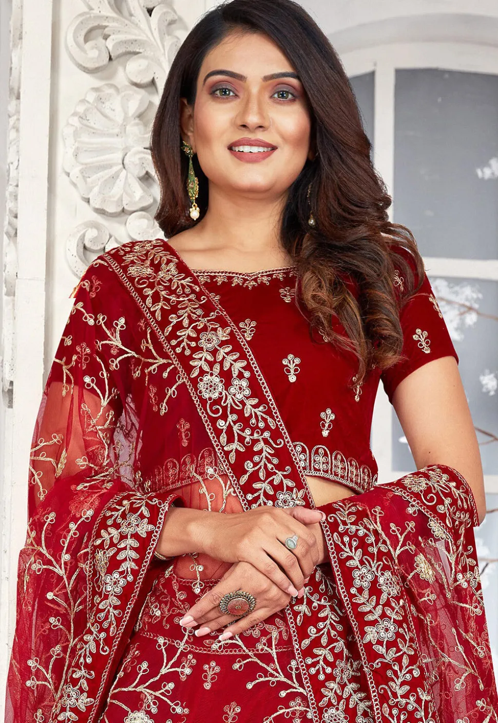 Embroidered Velvet Lehenga in Red