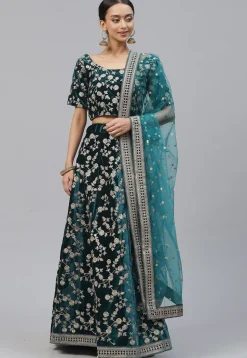 Embroidered Velvet Lehenga in Teal Blue