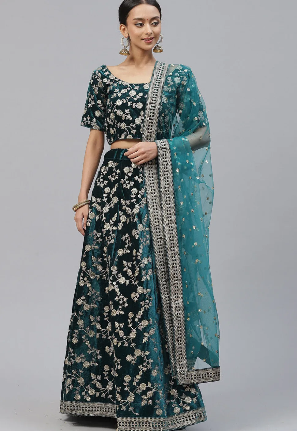 Embroidered Velvet Lehenga in Teal Blue